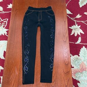 Black Embellished Leggings with Blue Accents Small
